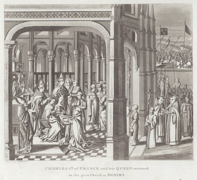 Karel V van Frankrijk en zijn Koningin gekroond in de Grote Kerk van Reims door English School