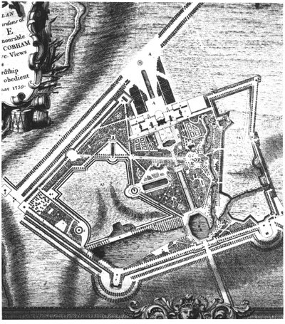 Charles Bridgemans (fl.1713-38) plan voor Stowe Gardens, uit een boek over uitzichten van Stowe gepubliceerd door Mrs Charles Bridgeman in 1739 door English School