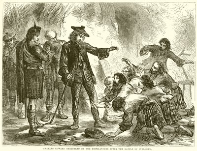 Charles Edward beschut door de Hooglanders na de Slag bij Culloden door English School