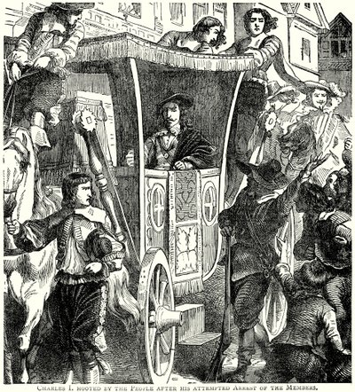 Charles I getoeterd door de Pepole na zijn poging tot arrestatie van de leden (gravure) door English School