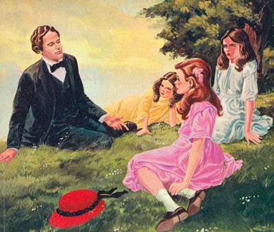 Charles Lutwidge Dodgson vertelt verhalen aan Alice Liddell en haar twee zussen door English School