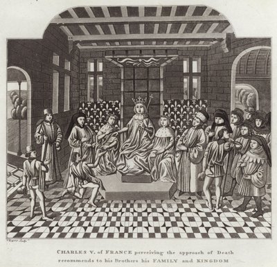 Karel V van Frankrijk, die de Nadering van de Dood beseft, beveelt zijn Broers zijn Familie en Koninkrijk aan door English School