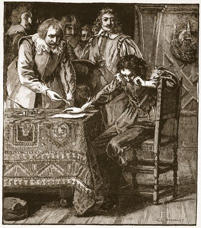 Charles ondertekent de Commissie van Instemming met Straffords Attainder, illustratie uit Cassells Geïllustreerde Geschiedenis van Engeland door English School