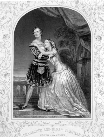Charlotte en Susan Cushman als Romeo en Julia, Act III Scene 5 van Romeo en Julia, van een daguerreotype, uitgegeven door John Tallis & Co. door English School