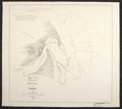 Kaart van Dubai in 1822 door mariene landmeters van de Engelse Oost-Indische Compagnie, getiteld Trigonometrisch Plan van de Achterwater van Debai door luitenant R. Cogan onder leiding van luitenant J. M. Guy, H. C. Marine door English School