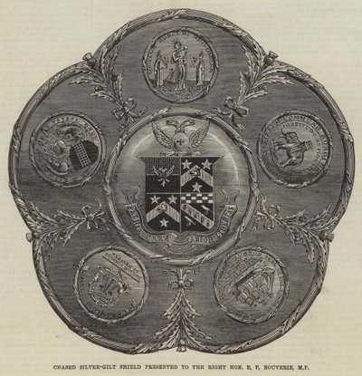 Gejaagde zilververgulde schild aangeboden aan de Right Honourable E P Bouverie, MP door English School