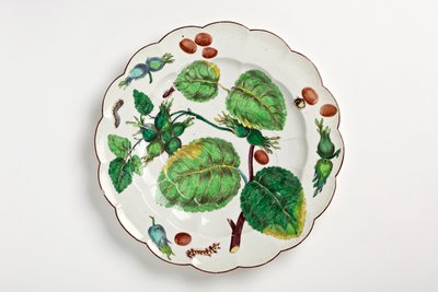 Chelsea bord versierd met botanische illustratie van noten, insecten en bladeren, 1755 door English School
