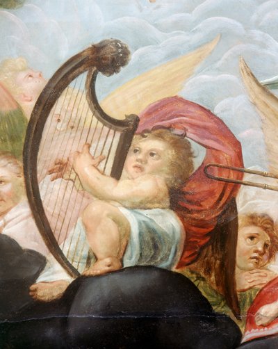 Cherubijn die een harp speelt (detail) door English School