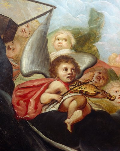 Cherubijn die een Viool speelt, detail van het plafondschilderij in de Hemelkamer door English School