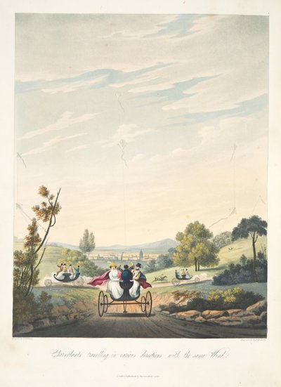 Chervolants die in verschillende richtingen reizen met dezelfde wind, uit "De Aeropleustische Kunst, of Navigatie in de Lucht, door het Gebruik van Vliegers, of Drijvende Zeilen, uitgegeven 1827" door English School