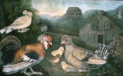 Kippen en duiven bij een boerderij door English School