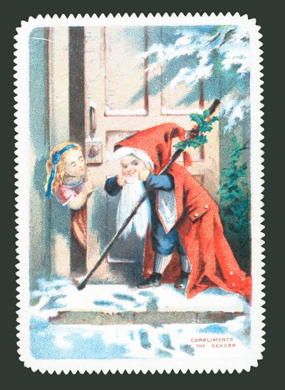 Kind verkleed als Kerstman klopt op deur door English School