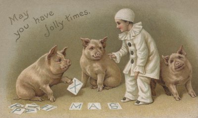 Kind in een Pierrot-kostuum met drie varkens, kerstkaart door English School