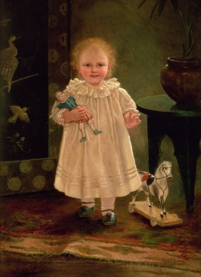 Kind met een pop en een speelgoedpaard, c.1840 door English School