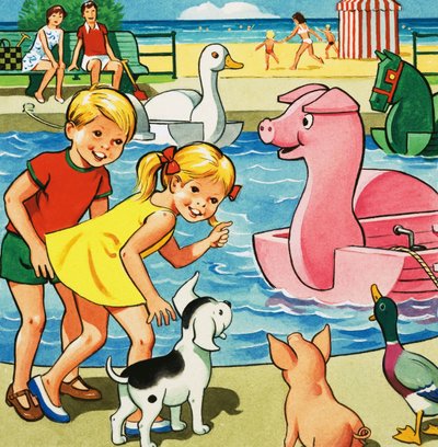 Kinderen en boerderijdieren naast een pedalo vijver door English School