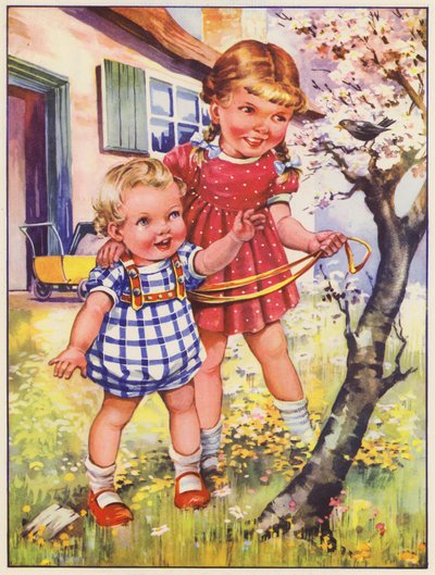 Kinderen in de tuin met een merel (kleurenlitho) door English School
