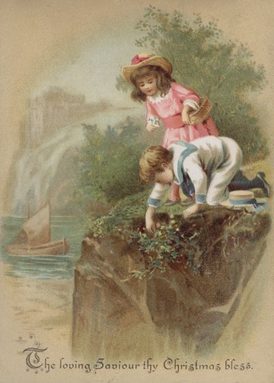 Kinderen die bloemen plukken aan een rivier, kerstkaart (chromolitho) door English School