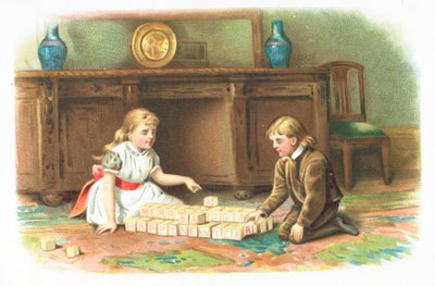 Kinderen spelen met bouwstenen op de vloer, kerstkaart door English School