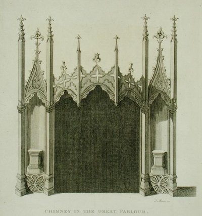 Schoorsteen in de grote salon van Strawberry Hill, gegraveerd door T. Morris, uit 