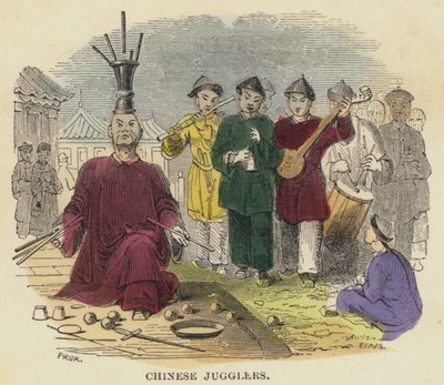 Chinese goochelaars (gekleurde gravure) door English School