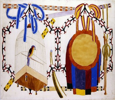 Chinoiserie ontwerp met vogelkooi en muziekinstrumenten door English School