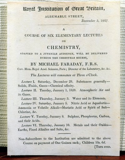 Kersthandbill voor Zes Elementaire Lezingen over Chemie door Michael Faraday (1778-1829) 3 december 1827 door English School