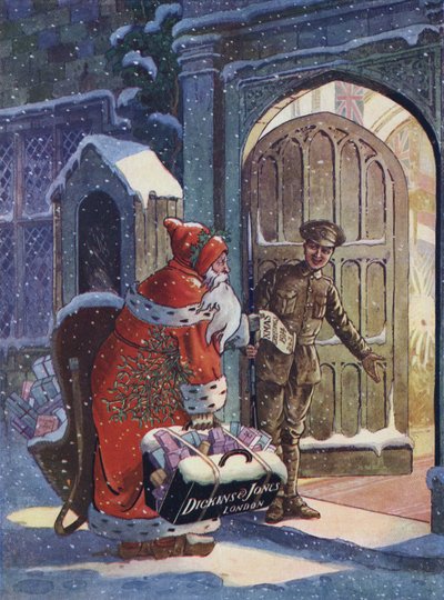 Kerstadvertentie die de Kerstman toont die geschenken brengt voor WW1-soldaten van Dickins en Jones warenhuis (kleur litho) door English School