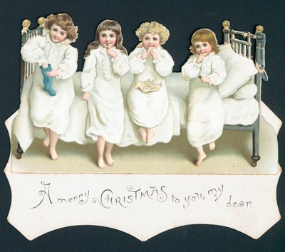 Kerstkaart, kinderen op bed met hun kousen door English School