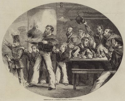 Kerstmis op een buitenlandse post (gravure) door English School