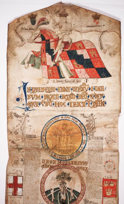 Kroniek van de geschiedenis van de wereld van de schepping tot Woden, met een genealogie van Edward IV (Edward IV Roll), beginsectie met een portret van Edward IV te paard, een rondel met God, en een ander door English School