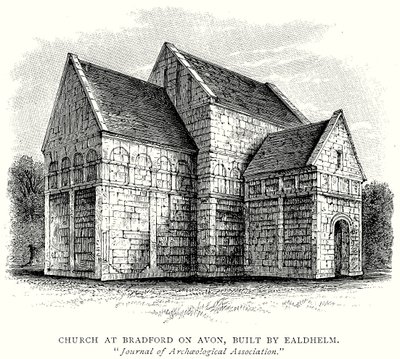 Kerk in Bradford on Avon, gebouwd door Ealdhelm (gravure) door English School