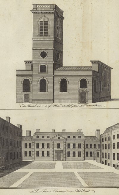 Kerk van Allhallows the Great, Thames Street en het Franse ziekenhuis nabij Old Street, Londen door English School