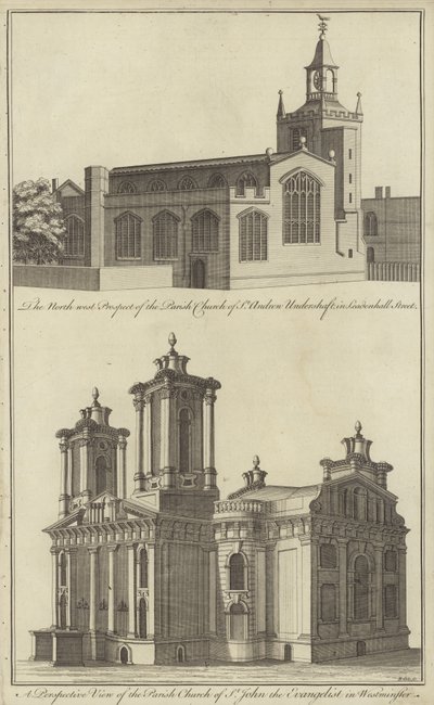 Kerk van St. Andrew Undershaft in Leadenhall Street en kerk van St. John the Evangelist in Westminster, Londen door English School
