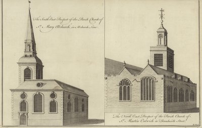 Kerk van St Mary Abchurch, Abchurch Lane en kerk van St Martin Outwich in Threadneedle Street, Londen door English School