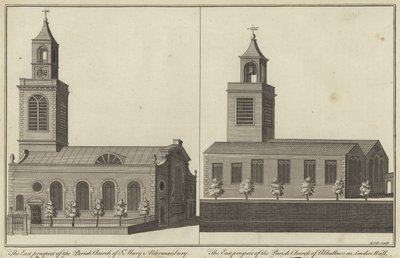 Kerk van St Mary, Aldermanbury en kerk van Allhallows on London Wall, Londen door English School