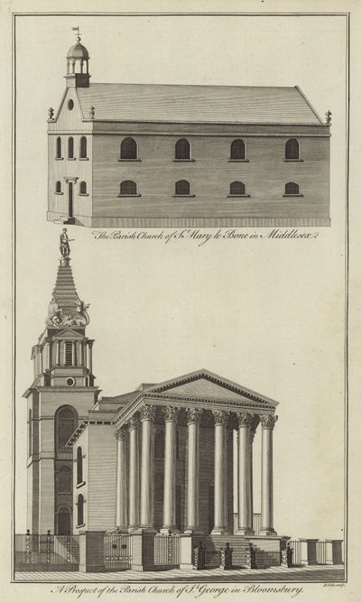 Kerk van St. Marylebone in Middlesex en kerk van St. George in Bloomsbury, Londen door English School