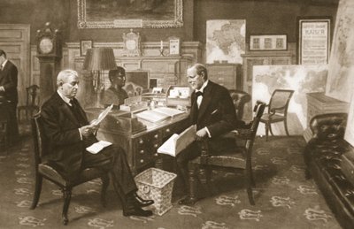 Churchill en Fisher aan het werk: de Eerste Lord in zijn kamer op het Admiraliteit met de Eerste Zeeheer, uit The Illustrated War News, 1915 door English School