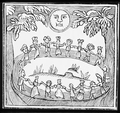Cirkel van Heksen Dansend Onder een Volle Maan, illustratie uit een verzameling chapbooks over esoterica door English School