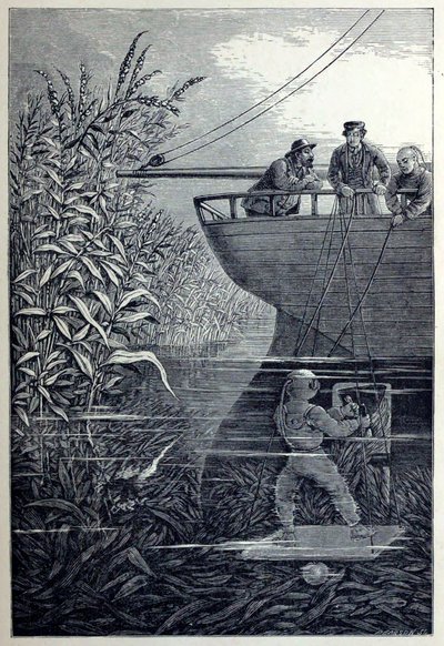 Het Schoepenrad Reinigen, uit Onder de Golven, of Duiken in Diepe Wateren, uitgegeven 1887 door English School