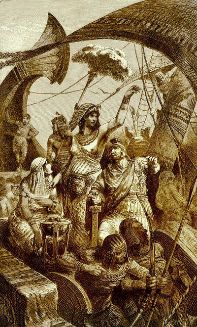 Cleopatra bij de Slag bij Actium, illustratie uit The Illustrated History of the World, gepubliceerd ca. 1880 door English School