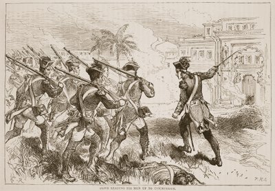Clive leidt zijn mannen naar Conjeveram, illustratie uit Cassells Geïllustreerde Geschiedenis van India door James Grant, uitgegeven 1879 door English School