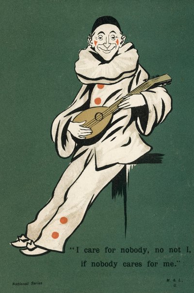 Clown die een luit speelt (kleurenlitho) door English School