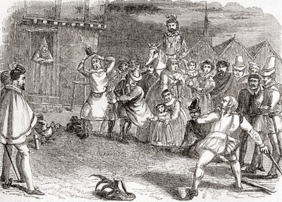 Cock throwing, ook bekend als cock-shying of throwing at cocks, uit Old England: A Pictorial Museum, pub. 1847 door English School