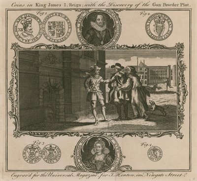 Munten in het bewind van koning James I, met de ontdekking van het Buskruitcomplot door English School
