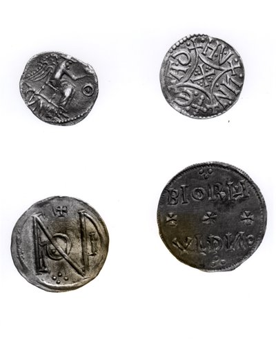 Munten van Cunobelinus of Cymbeline (gest. 43 n.Chr.), Offa, koning van Mercia (757-96 n.Chr.) en Alfred (871-99 n.Chr.) en Edward de Oudere (871-924 n.Chr.) (zilver) door English School