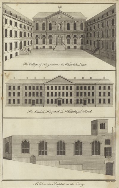 College of Physicians in Warwick Lane, het London Hospital in Whitechapel Road en de kerk van St. John the Baptist in de Savoy, Londen door English School