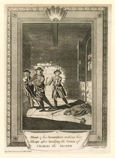 Kolonel Blood en zijn handlangers ontsnappen na het stelen van de kroon van koning Karel II door English School