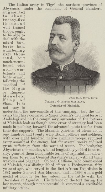 Kolonel Giuseppe Galliano, verdediger van Makaleh (gravure) door English School
