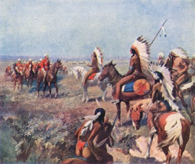 Kolonel Macleod van de Royal North-West Mounted Police, onderhandelt met Indianen bij Fort Macleod door English School