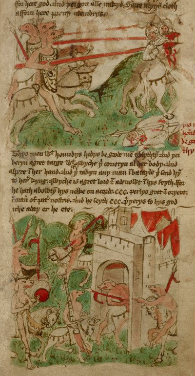 Gekleurde tekeningen die de hondshoofdige mensen ("Cynocephales") van het eiland Nacumera uitbeelden, uit 